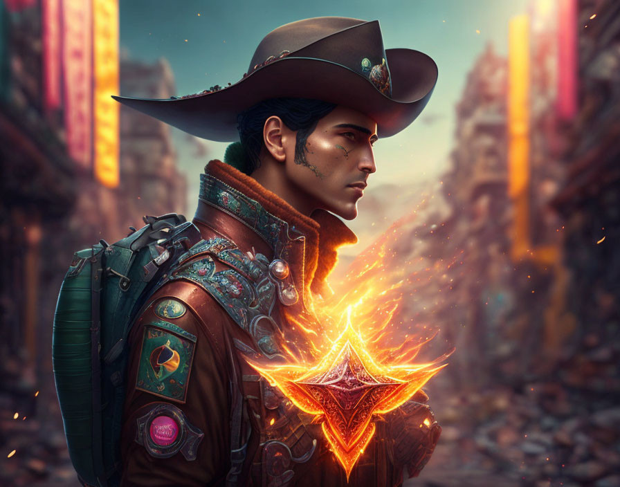 Futuristic cowboy holding glowing star in dystopian cityscape