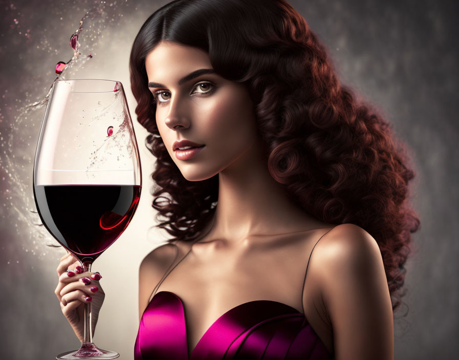 Curly-haired woman in purple dress with wine glass on moody background