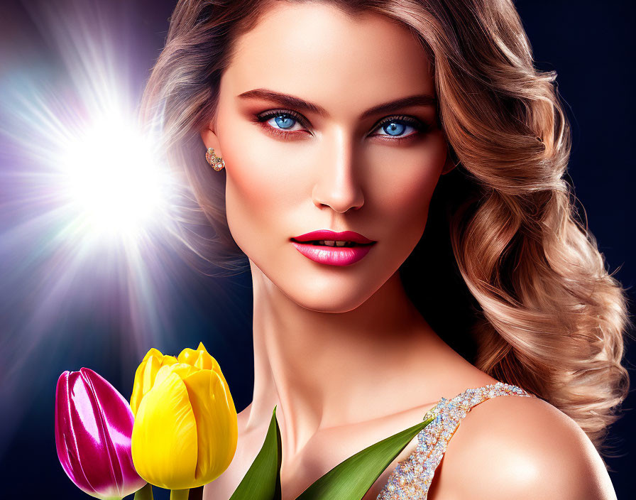 Blue-eyed woman in sequined dress with tulips and bright light.