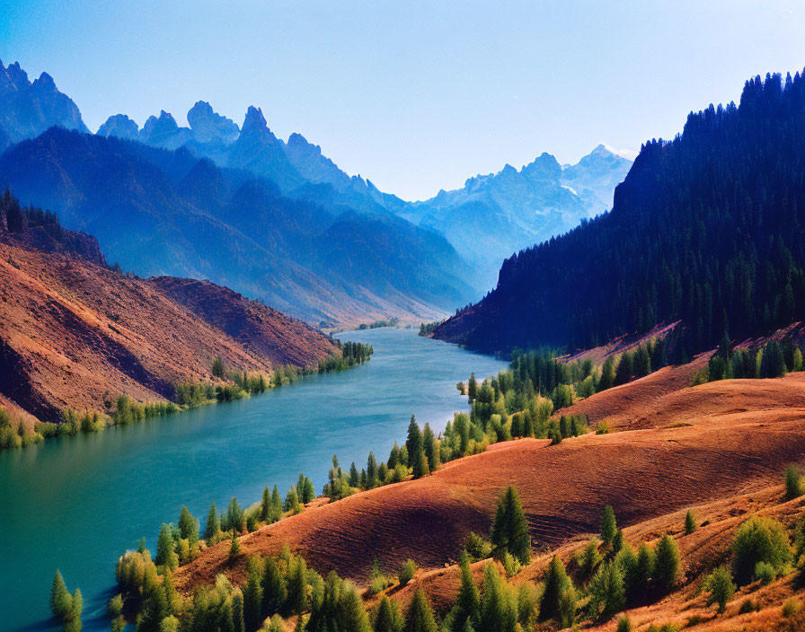 Scenic landscape: River winding through forested valley and mountains