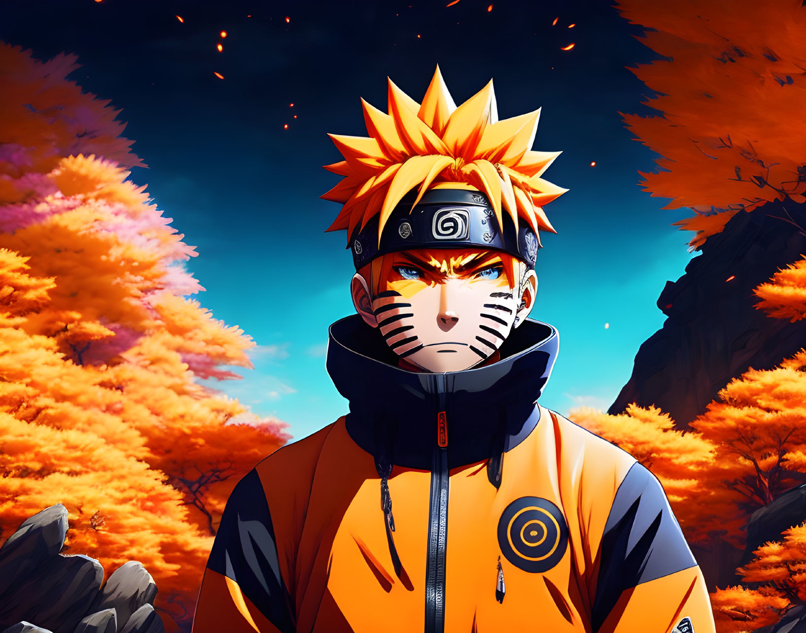 Spiky Blond-Haired Animated Character in Orange Jacket with Fiery Autumn Trees