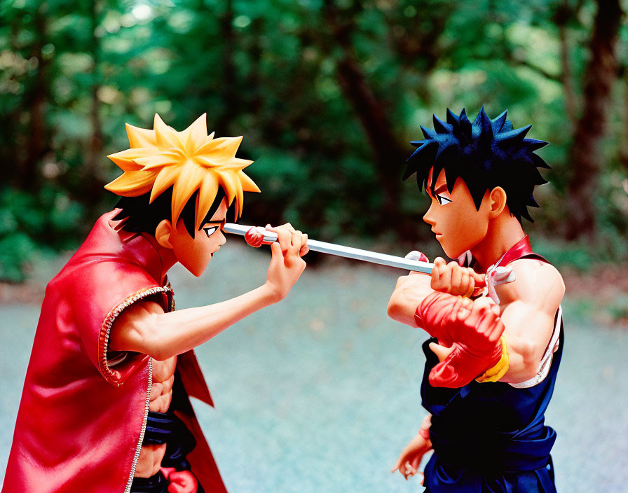 Anime figures in martial arts face-off with sword and fighting stance in forest.