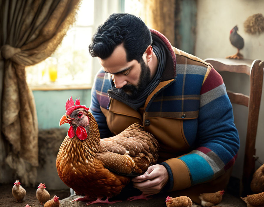 Bearded man watching brown hen indoors with smaller chickens.