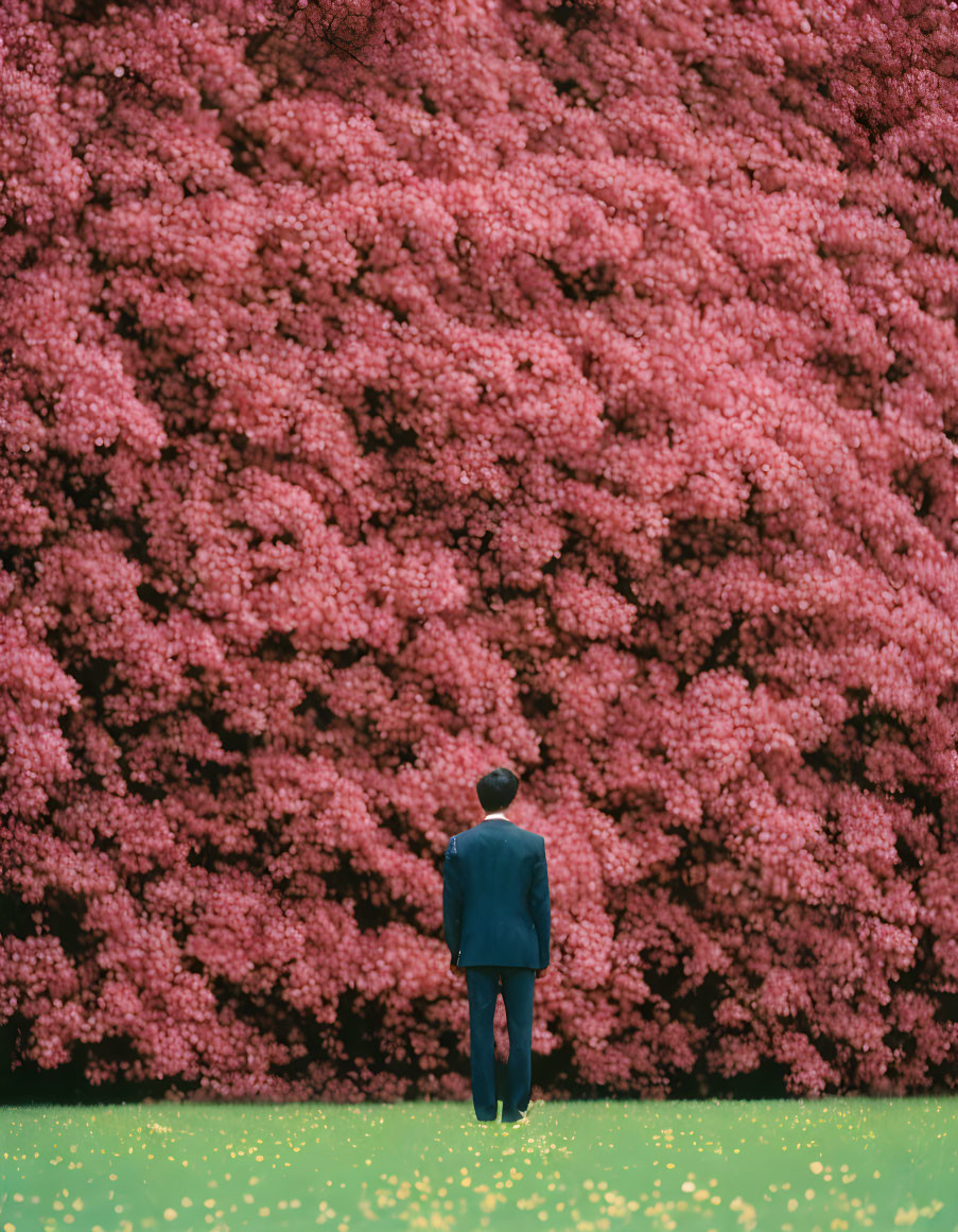 Person in dark suit standing by blooming pink cherry blossom tree