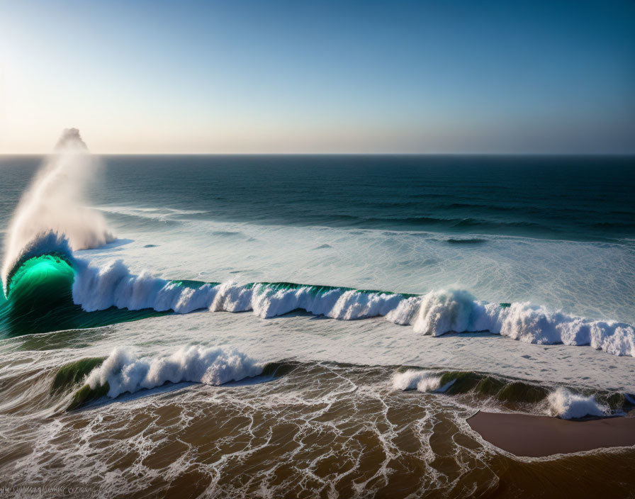 Majestic wave cresting with spray on sandy shore