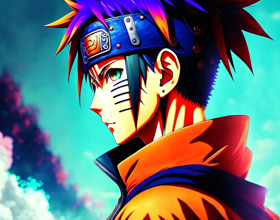 Colorful Anime Character with Spiky Hair and Orange Jacket