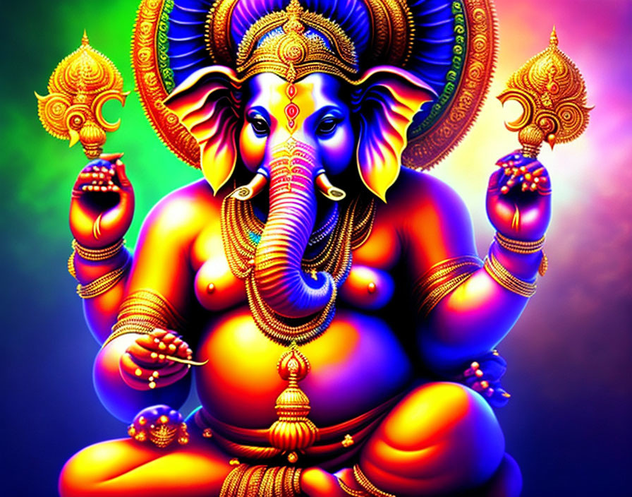 Colorful Lord Ganesha Artwork with Four Arms on Multicolored Background