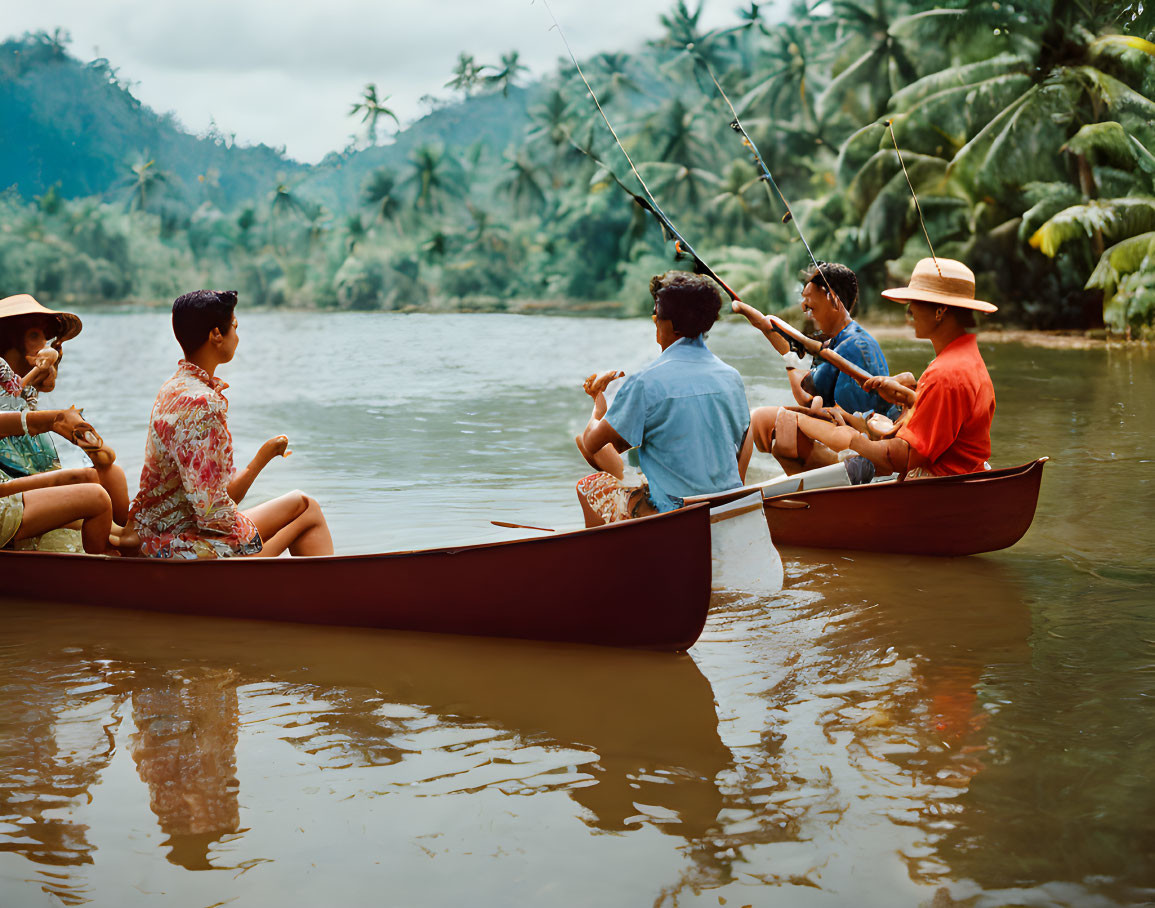 Five People Fishing from Two Canoes in Tropical River Landscape