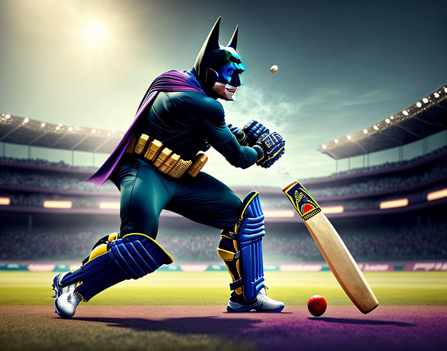 Batman in cricket gear with bat and ball in stadium backdrop