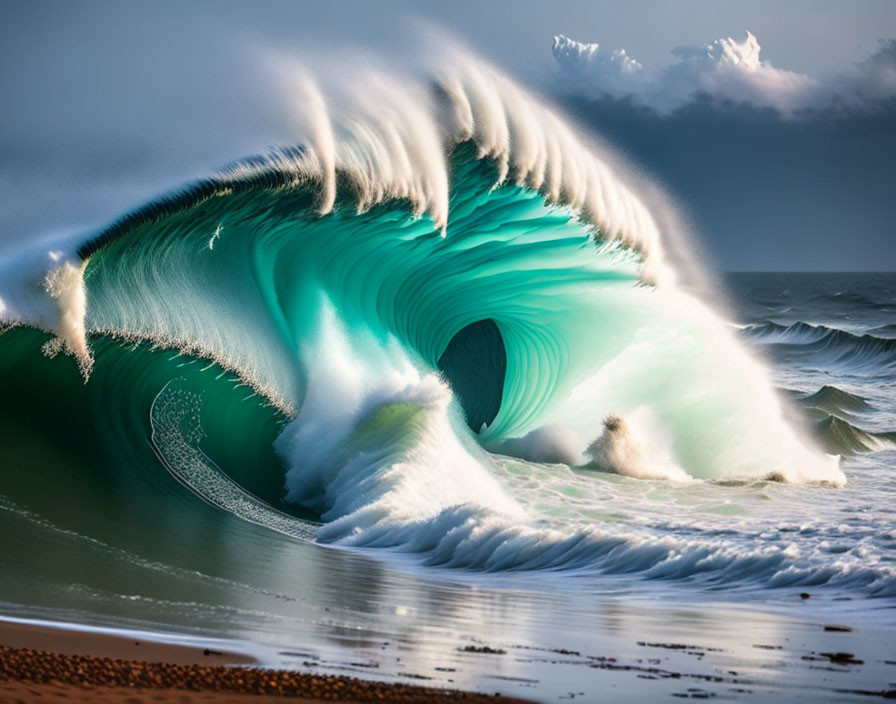 Dramatic Turquoise Wave with Beach and Cloudy Skies