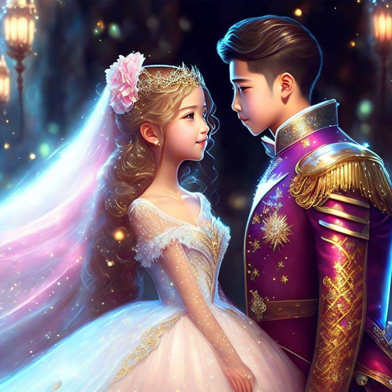 Illustrated princess and prince in pink and purple attire under magical starlit sky