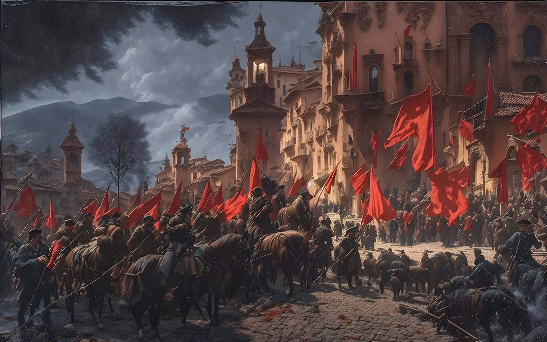 Historical painting of mounted soldiers with red flags in grand plaza