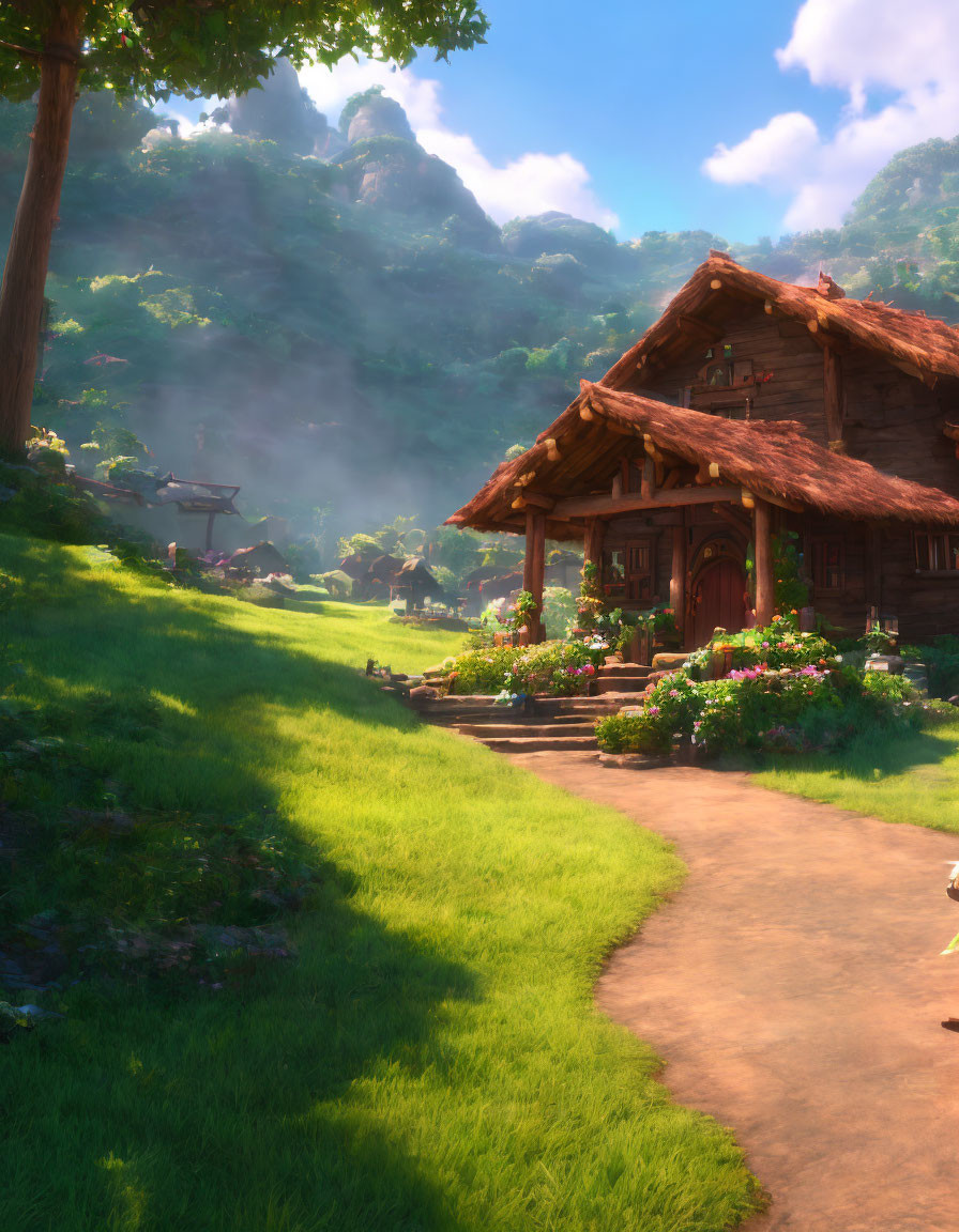 Scenic wooden village nestled in lush green hills