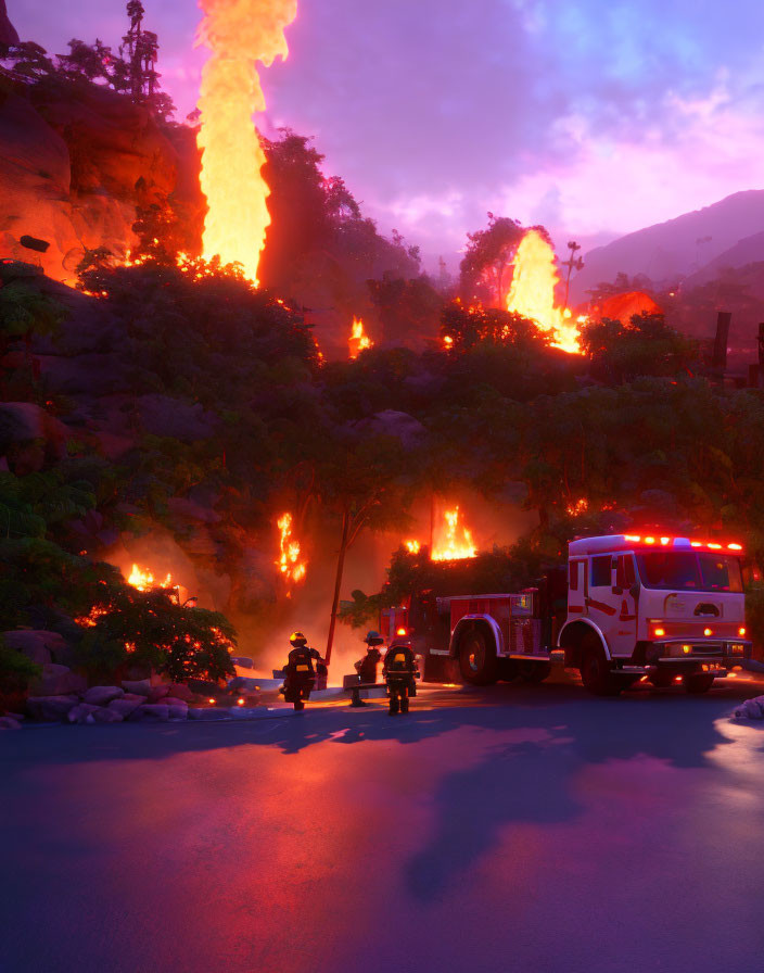 Firefighters and firetruck at nighttime wildfire scene with bright flames under purple sky