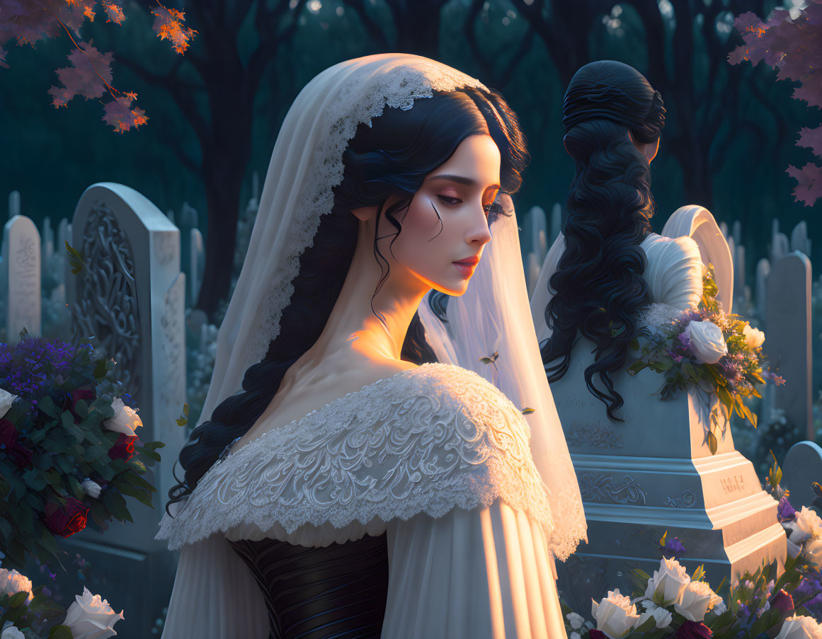 Melancholic bride in detailed gown at dusk in cemetery surrounded by tombstones and autumn leaves