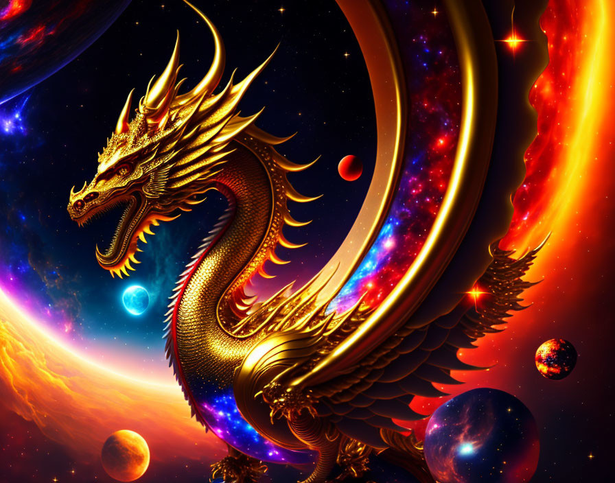 Golden dragon encircling crescent in cosmic scene