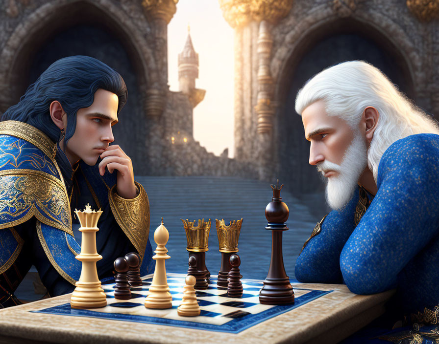 Animated characters playing chess in regal attire at grand castle.