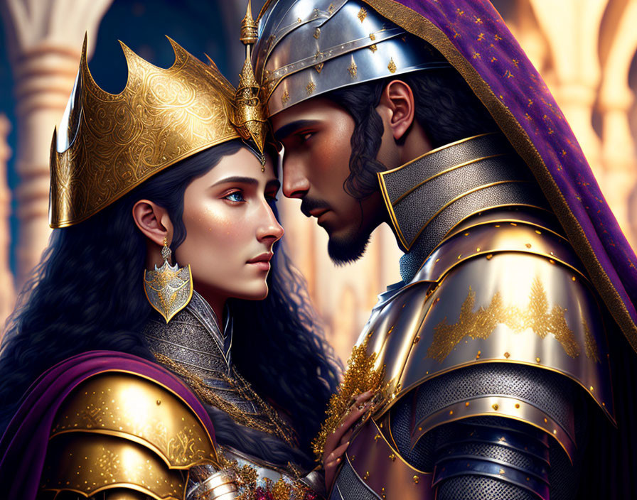 Medieval king and queen in elaborate gold-accented armor gaze intimately in regal setting