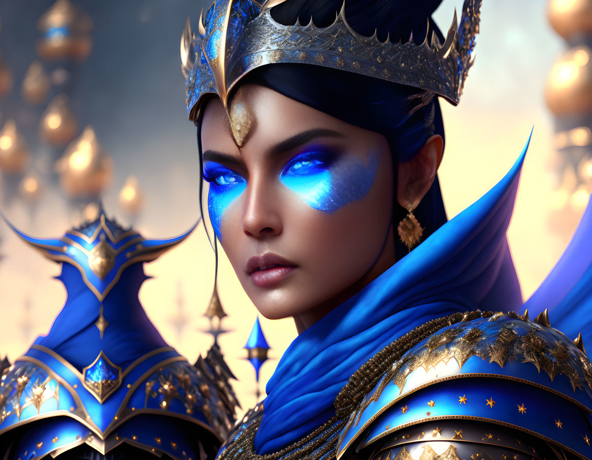 Blue-skinned female character in golden-blue armor with glowing eyes