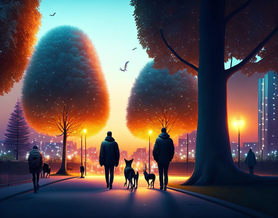 Cityscape with people, dog, and birds in vibrant evening scene