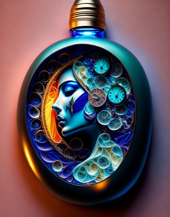 Vibrant surreal artwork: woman's profile in ornate flask with clock motifs