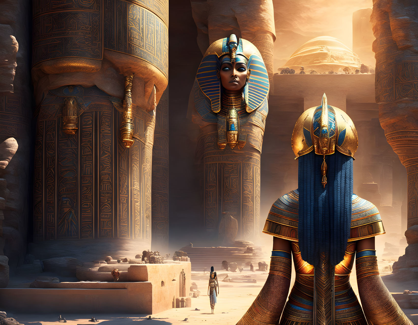 Digital Artwork: Person in Ancient Egyptian Armor Among Hieroglyphics and Pharaoh Statue