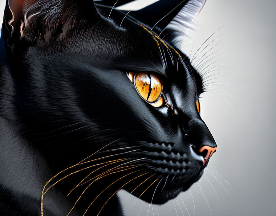 Sleek Black Cat with Striking Golden Eyes and Gold Linework