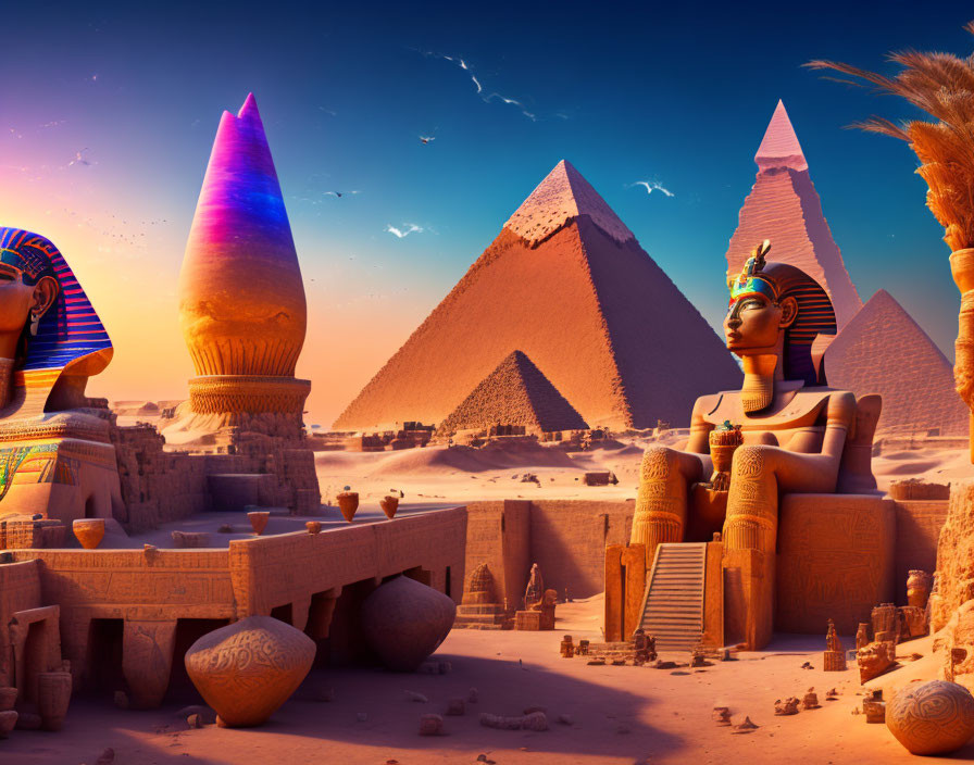 Ancient Egyptian monuments at sunset with Great Pyramids and Sphinx.