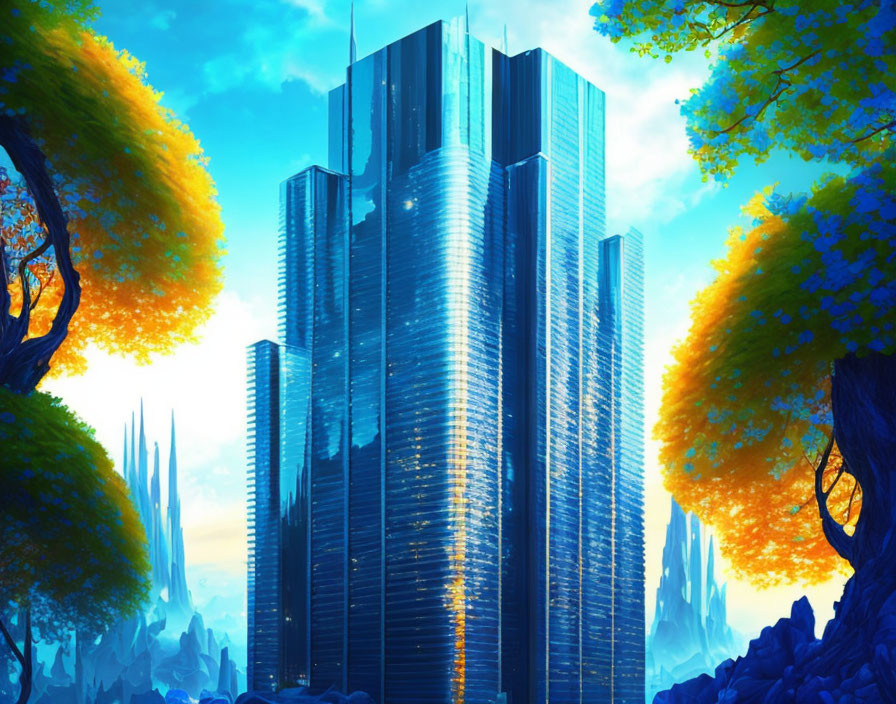 Futuristic skyscraper surrounded by blue and orange foliage