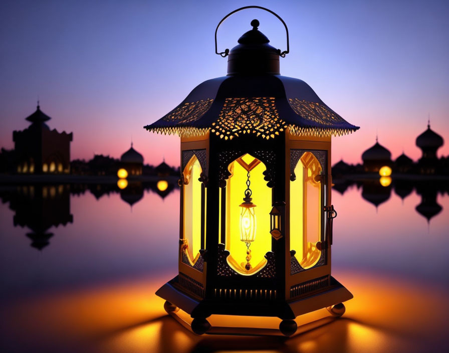 Ornate lantern glowing against twilight sky with building silhouettes reflected on water