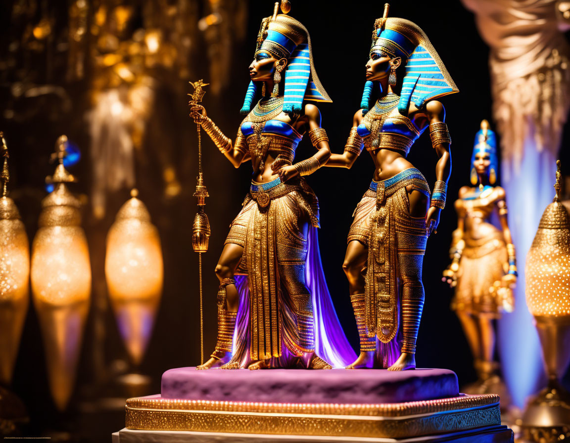 Egyptian statues of figures in traditional attire with staffs, set against illuminated vessels