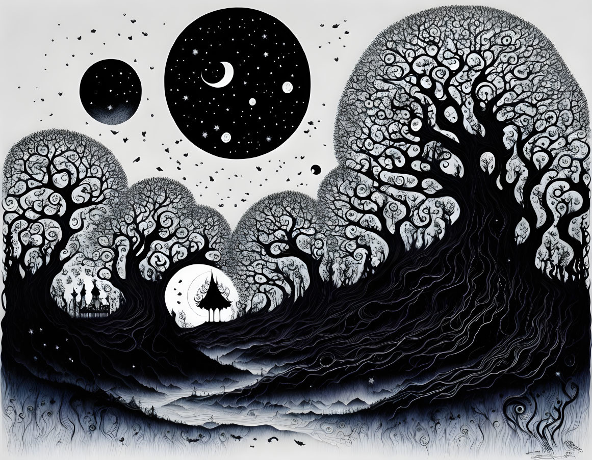 Monochromatic artwork of whimsical trees under night sky