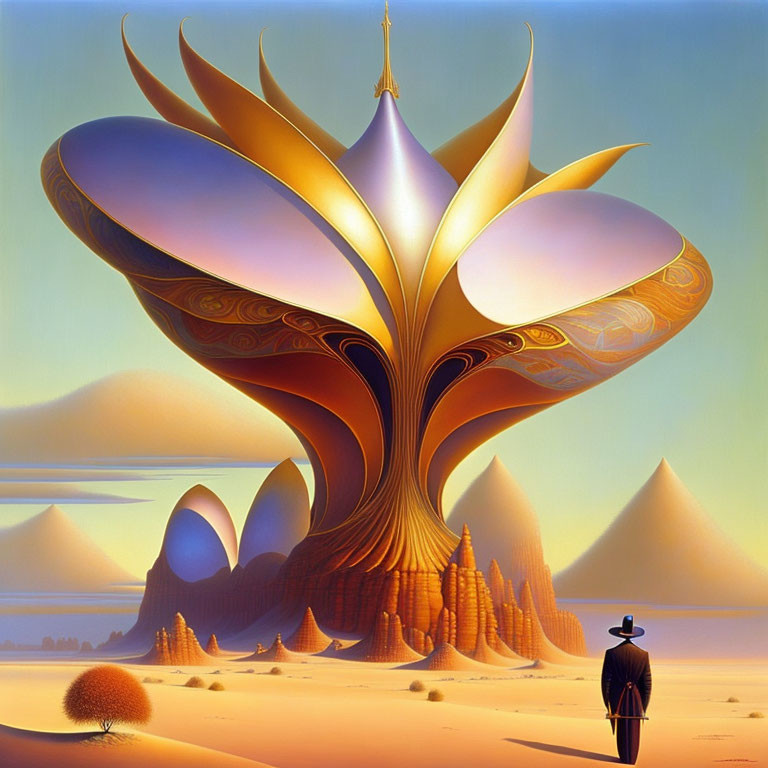 Golden tree with ornate leaves in desert with pyramids and lone figure