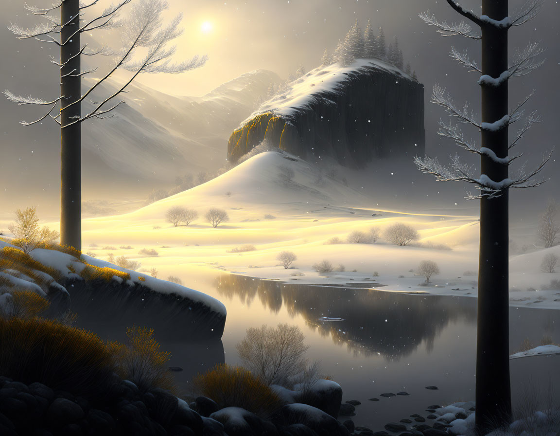 Snowy hills, bare trees, and a reflective lake in a serene winter dusk landscape