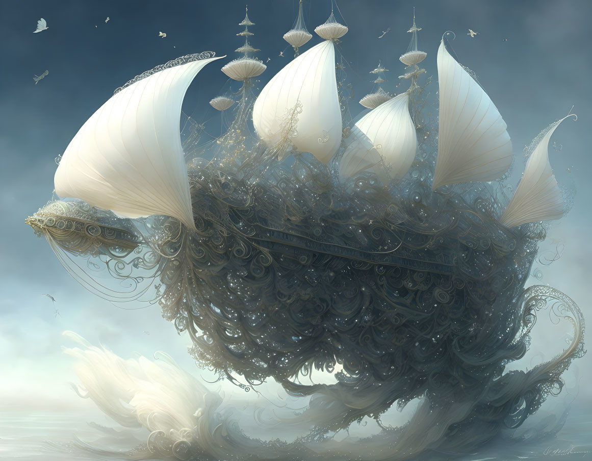 Fantastical floating ship with jellyfish-like sails in misty sky