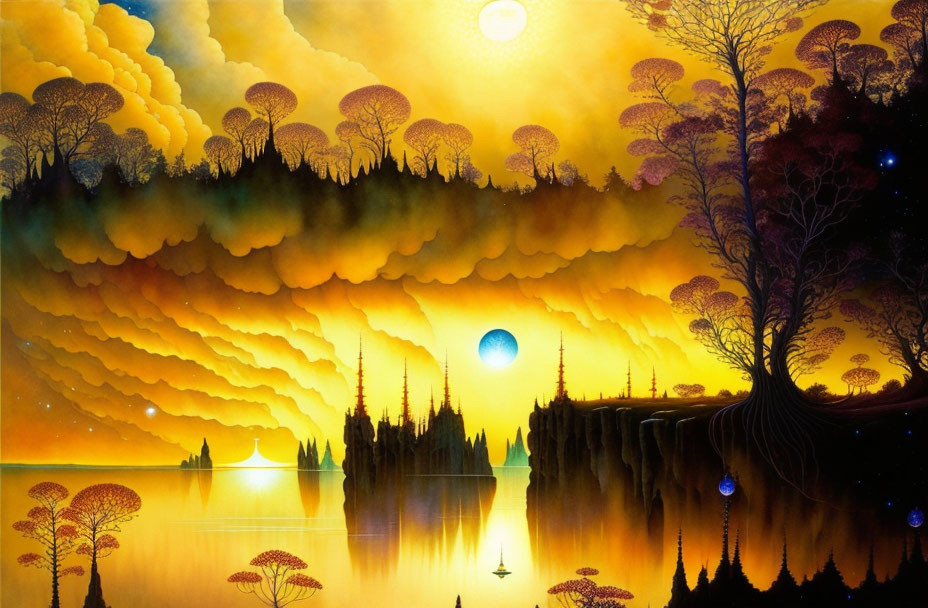 Surreal landscape with golden clouds, sun-like orbs, reflective water, and glowing blue trees