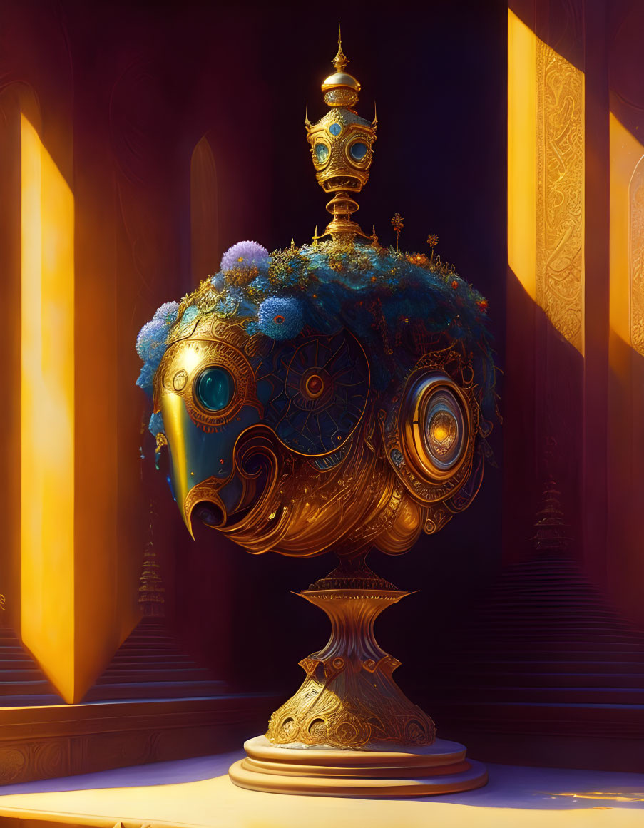 Golden mechanical bird with crown and blue foliage on pedestal in regal chamber