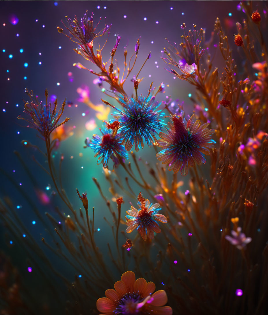 Colorful Flowers with Dewdrops on Teal and Purple Background