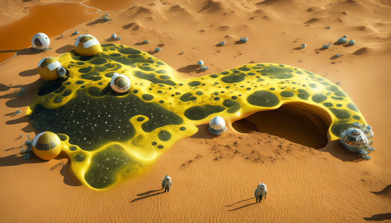 Surreal desert landscape with futuristic yellow structure and figures in spacesuits