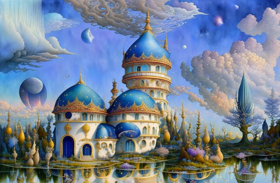 Vibrant painting of ornate palace on floating islands