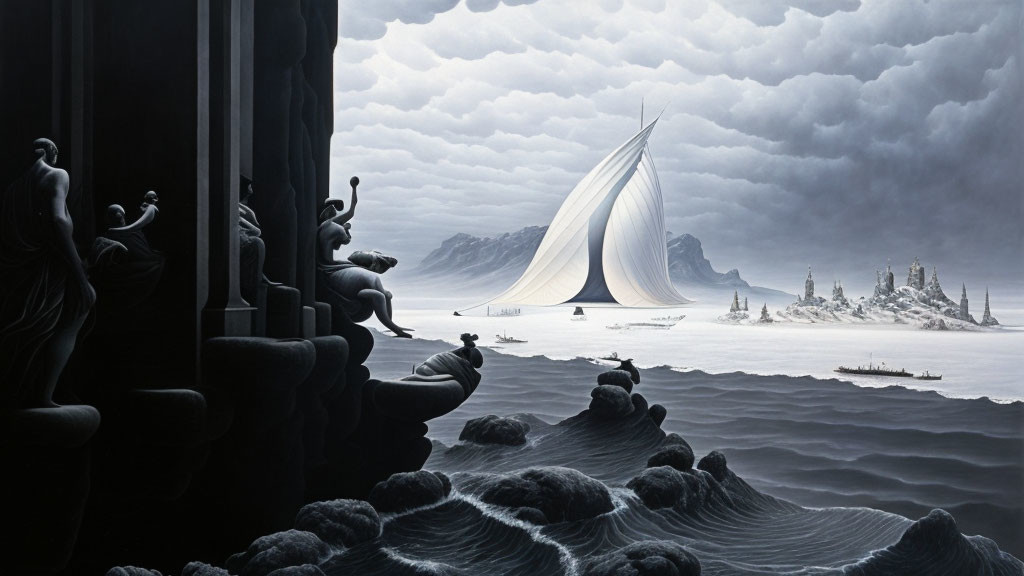 Surrealist monochromatic artwork: classical figures, columns, stormy sea, sail-shaped structure