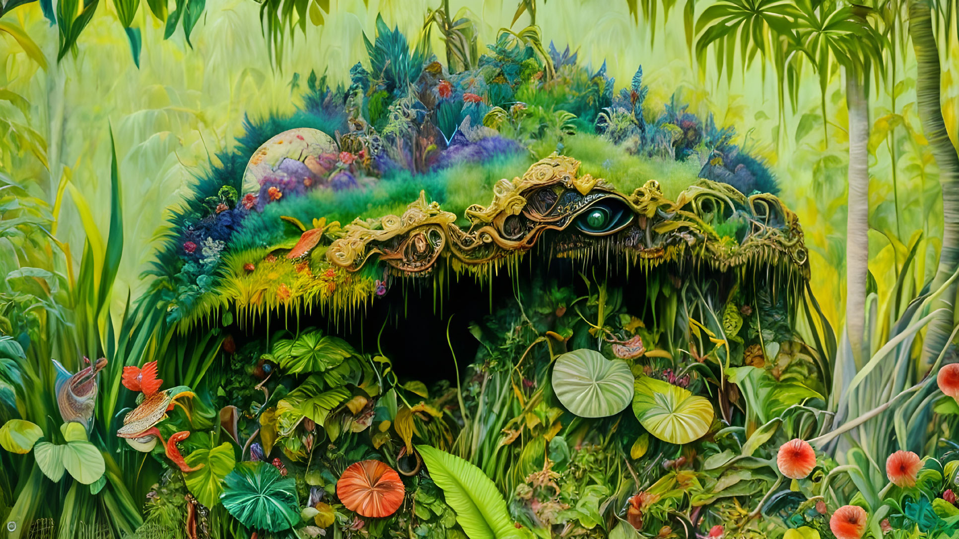 Colorful surreal jungle painting with mystical elements and eye-like structure