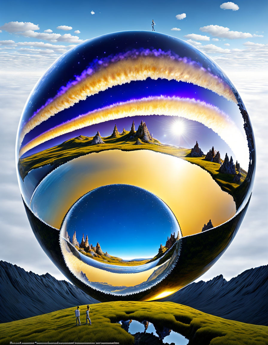 Surreal landscape with reflective orb distorting reality