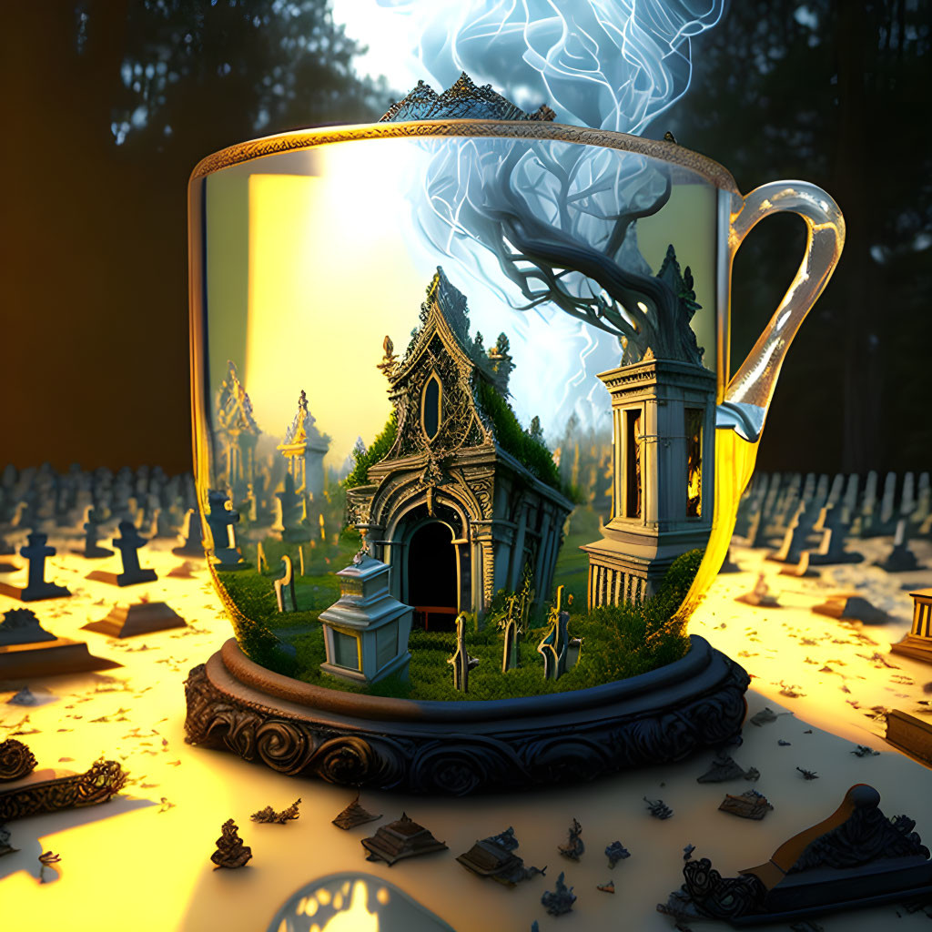 Surreal image: steaming cup in forest with miniature gothic house, tree, and chess