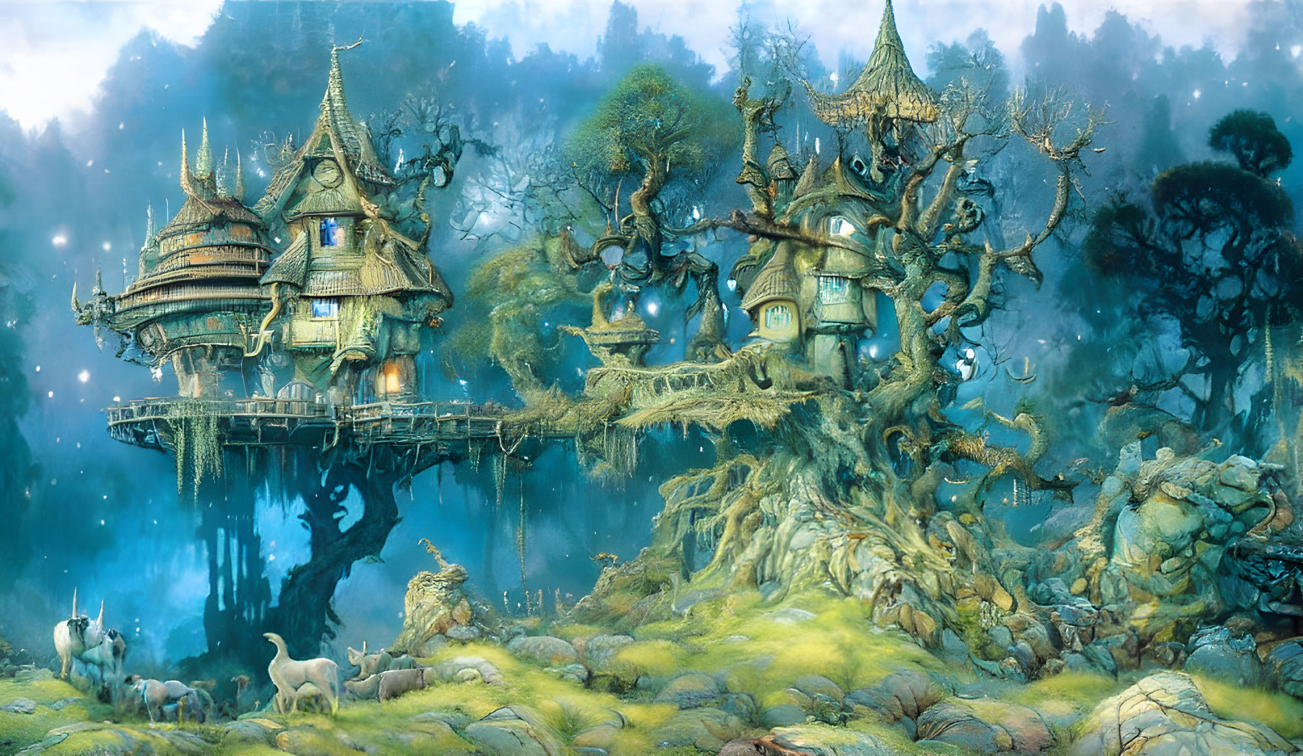 Enchanted forest with whimsical treehouses and mythical creatures