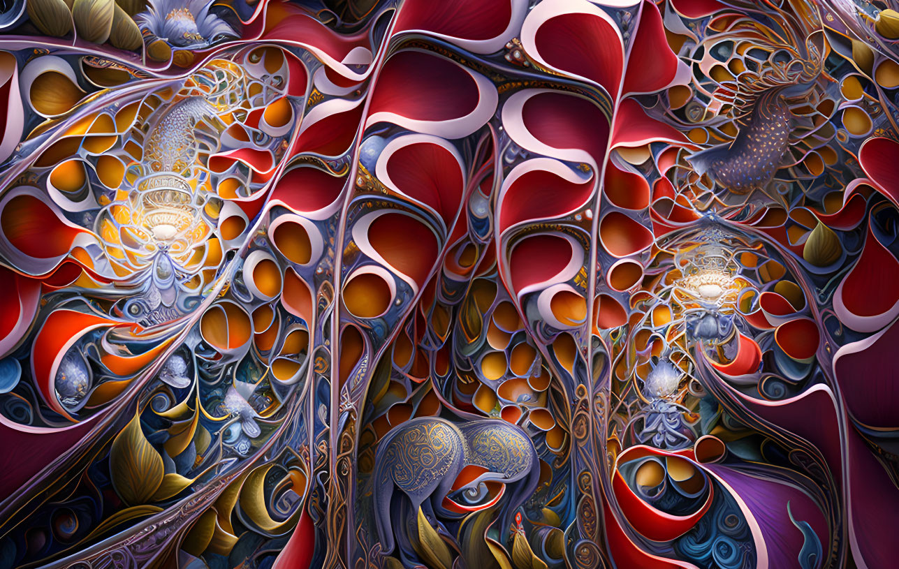 Colorful Abstract Fractal Art with Intricate Patterns in Red, Gold, and Blue