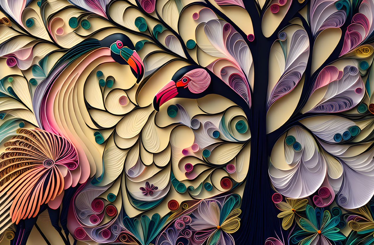 Colorful Paper Art: Intricate Birds with Elaborate Feathers