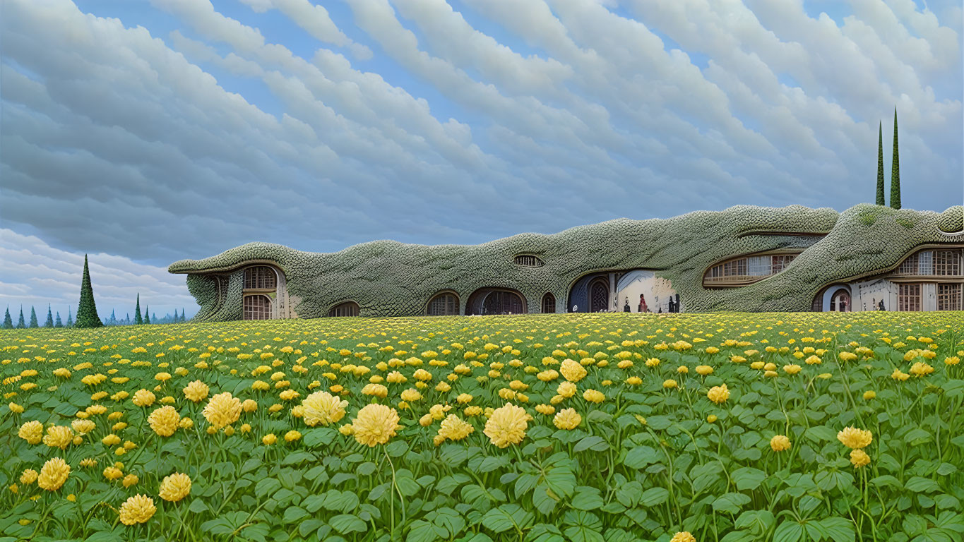 Wavy-roofed building with greenery amidst yellow flowers and patterned sky