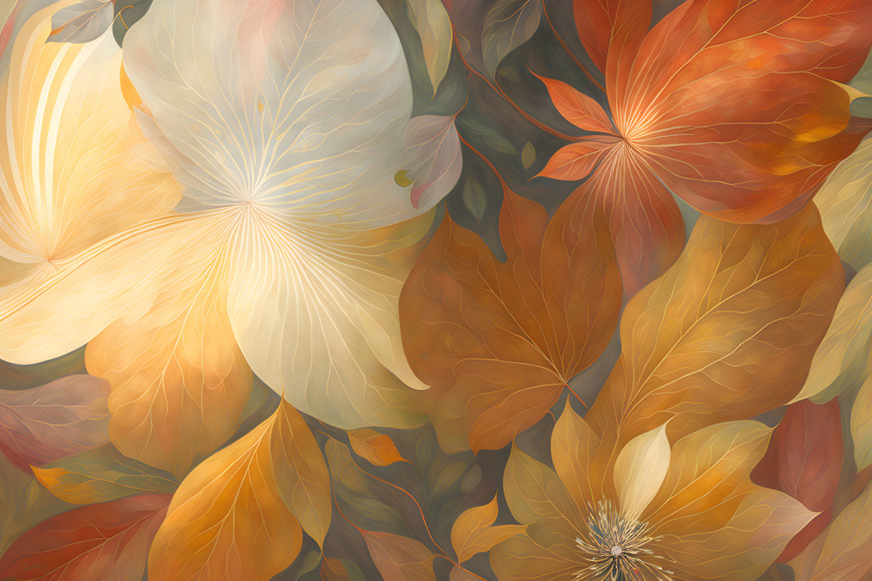 Abstract digital painting of vibrant orange, yellow, and cream flowers