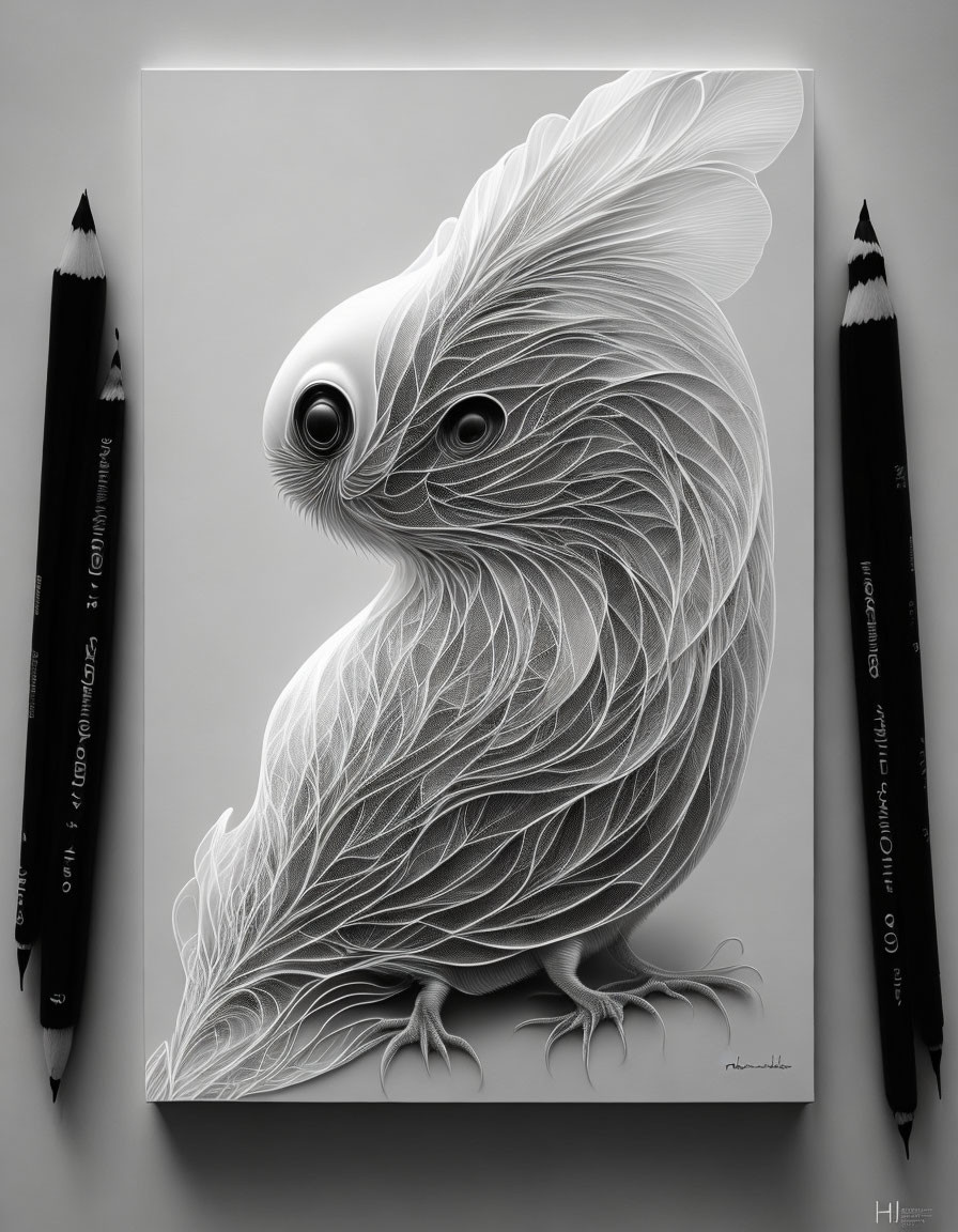 Monochrome stylized owl art with intricate feather patterns and pencils